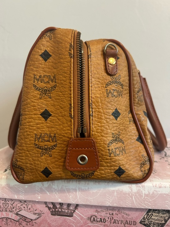 MCM Cognac Visetos Logo Top-Handle Satchel with Brown Trim AUTHENTIC - Picture 8 of 13